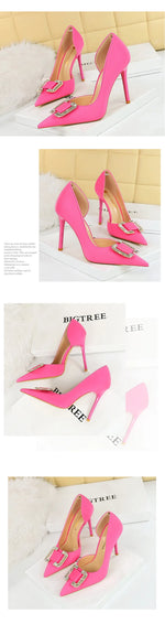 BIGTREE Pumps Elegant Pointed Crystal Buckle Slim High Heel Single Shoes Women Silk Spring/Summer High Heel Pumps Wedding Dress