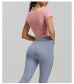2 Pieces Women Tracksuit Yoga Set Spring Summer Short Sleeve Hollow Out Slim Sports Top High Waist Leggings Running Fitness Suit