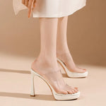 Transparent Crystal High Heel Sandals Women's Summer Versatile Slip-On Shoes Waterproof Platform Chunky Heel round Toe Polyureth