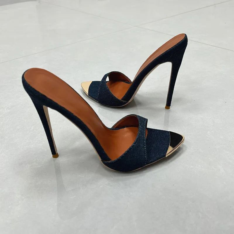 Denim Women Slippers Metal Decoration Pointed Toe Mules Shoes Women Super-high Heel Gladiator Sandals Sexy Luxury Women's Shoes