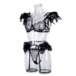 Toucheart 4 Piece Set Fun Lingerie For Women Feather Lace Splicing Chain Sexy Slim Mesh See-Through Sexy Lingerie Garters Suit