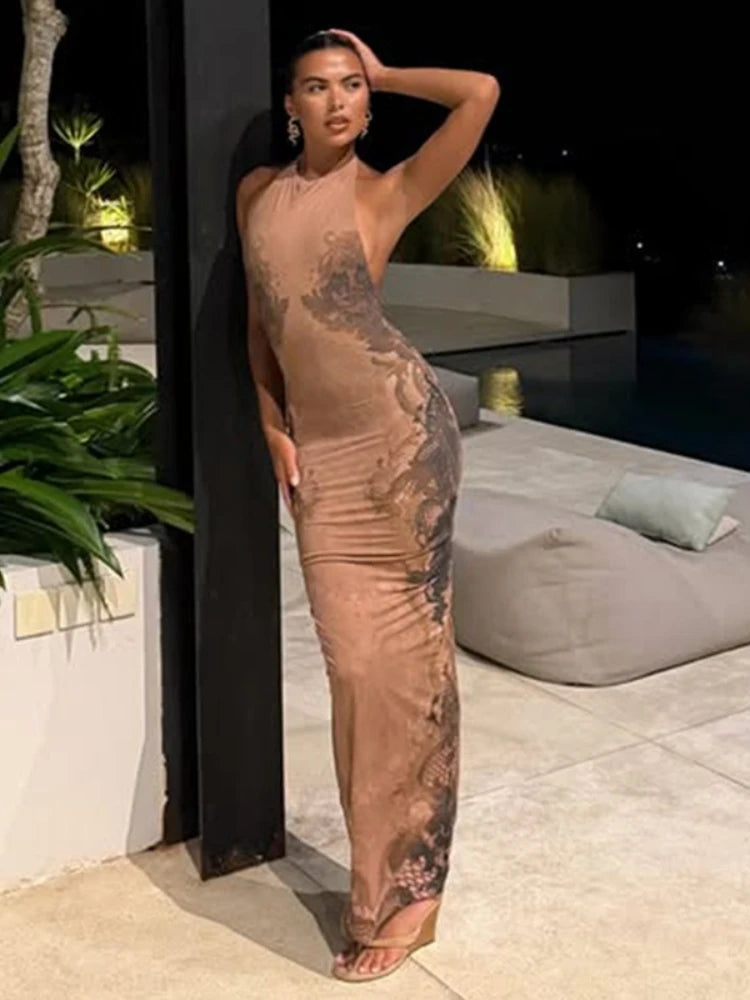 FDYOUI Women Vintage Halter Printed Long Party Club Dresses 2026 Summer Ladies Sexy Backless Lace-up Bodycon Evening Prom Dress