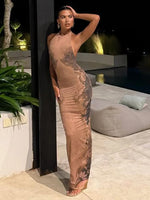 FDYOUI Women Vintage Halter Printed Long Party Club Dresses 2026 Summer Ladies Sexy Backless Lace-up Bodycon Evening Prom Dress