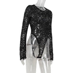 Ahagaga Floral Lace Women's Bodysuits Sexy Solid See Through Tees O-Neck Long Trumpet Sleeve Slim Fit Streetwear Rompers T Shirs