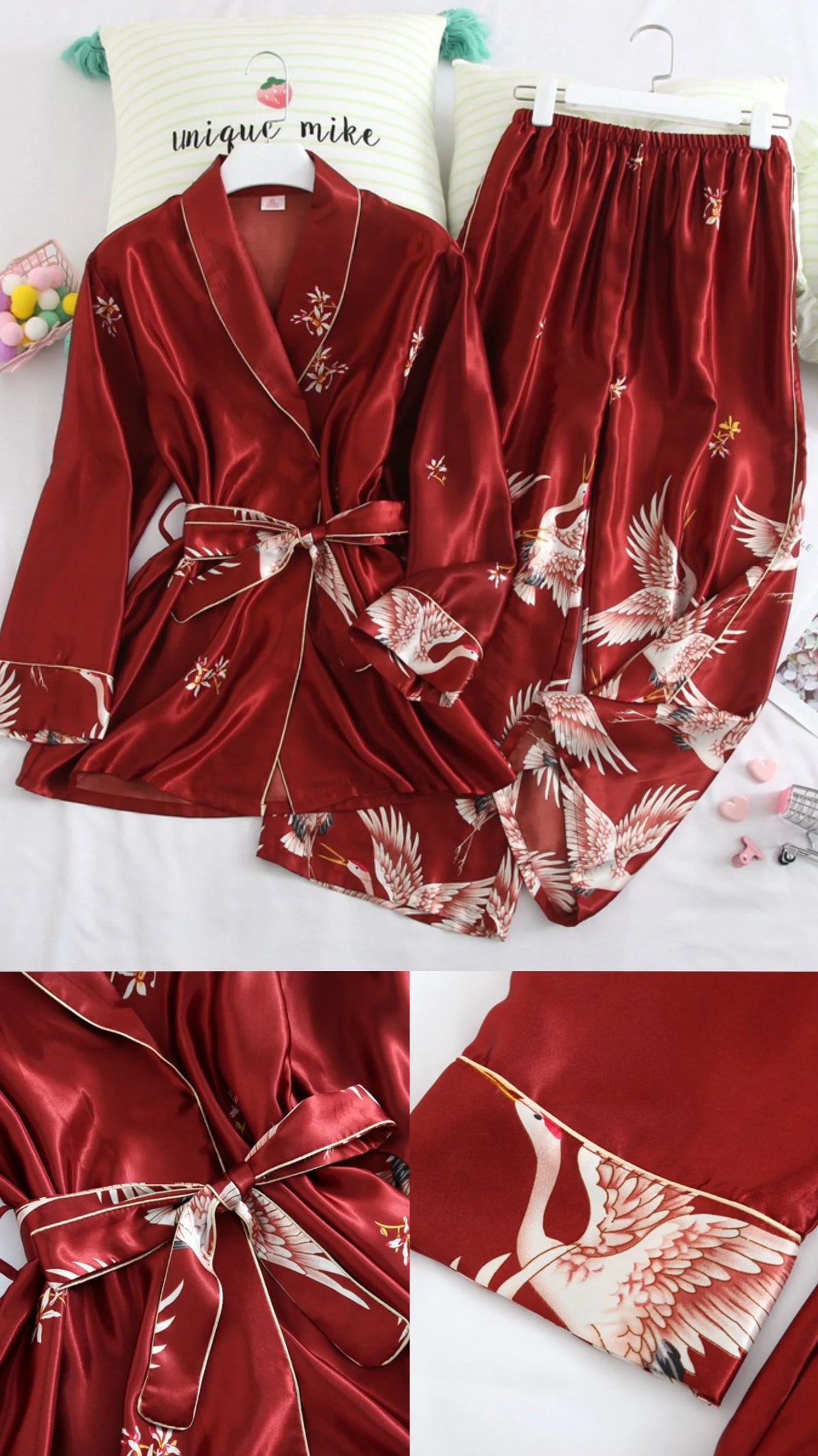 Crane Print Silk Satin Female Pajamas Retro Long Sleeve Robe with Trouser Sleepwear Comfortable Wedding Nightwear for Home