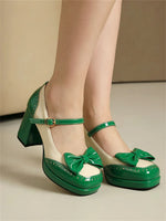 Plus Size 32-48 Sweet Lolita Patent Leather Mary Jane Shoes Women Gothic Square Toe Bow Tie Platform Chunky Heels Brogue Pumps