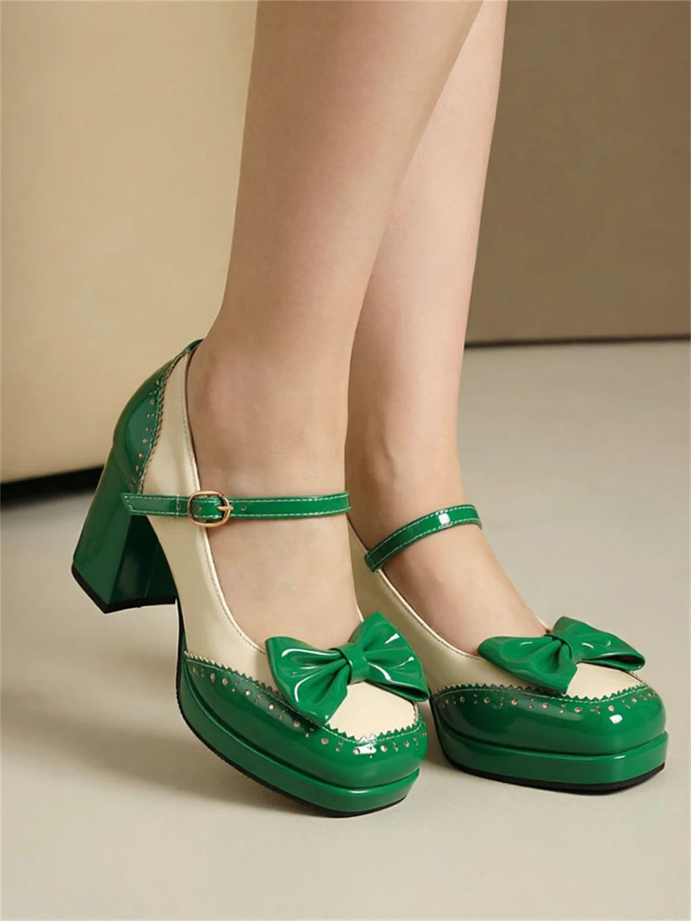 Plus Size 32-48 Sweet Lolita Patent Leather Mary Jane Shoes Women Gothic Square Toe Bow Tie Platform Chunky Heels Brogue Pumps