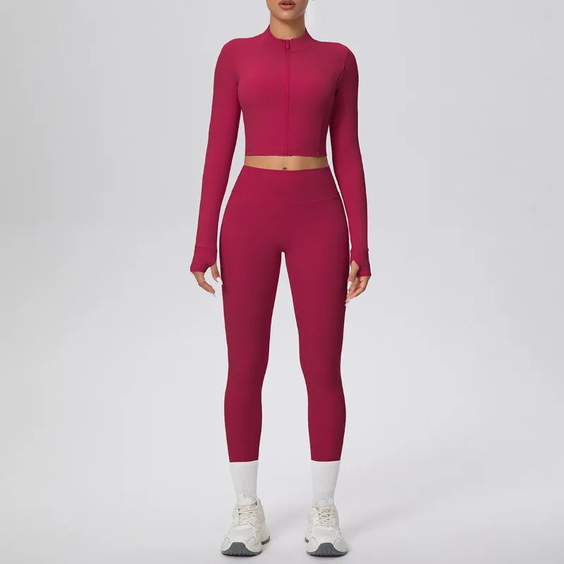 New Women Yoga Set Solid Color Double-Sided Brushed Bare Feel Short Long-Sleeve Jacket Tight Pants Running Fitness 2-Piece Set