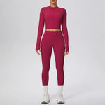 New Women Yoga Set Solid Color Double-Sided Brushed Bare Feel Short Long-Sleeve Jacket Tight Pants Running Fitness 2-Piece Set