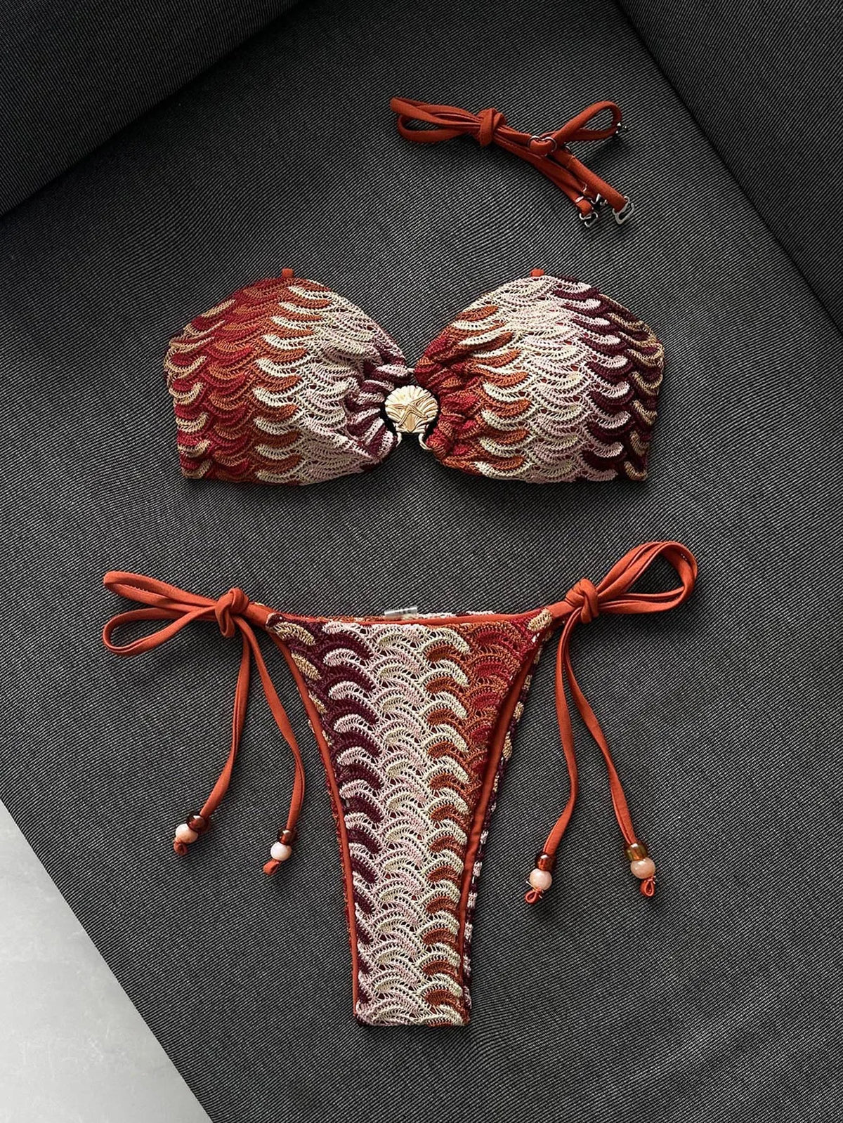 Sexy Coffee Striped Micro Bikini 2026 Women Bandeau Metal Shell Push Up Bra Bandage Thong Swimwear Beach Bathing Suit Swimsuit