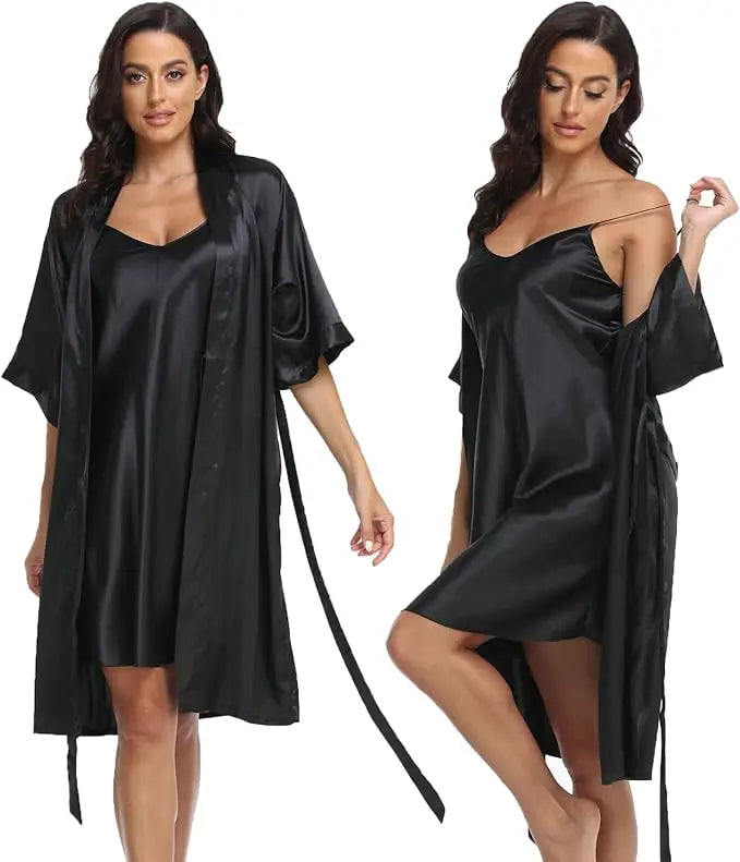 Women's Luxury Silk Pajamas Set Long Sleeve Robe Comfortable Loose Slip Skirt Women's Pajamas Two Piece Set