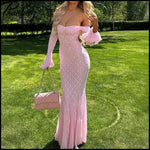 Elegant French Style Pink Long Dress Women Lace Long Sleeved Dress Evening Gown Party Wedding Dress up Lady Spring Summer Outfit