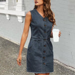 Women's Sleeveless Bodycon Denim Dress Casual V-Neck Button Down Mini Jean Dress Summer Overalls Dress with Pockets