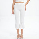 Womens Summer Cropped Pants Mid Rise Flare Trousers Stylish Casual Leg Pants with Silver Eyelet Capris