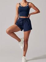 Women's New Summer Yoga Sets Color Blocked Double Strap Workout Tank Top Fitness Suit Drawstring High Waist Short Sport Set