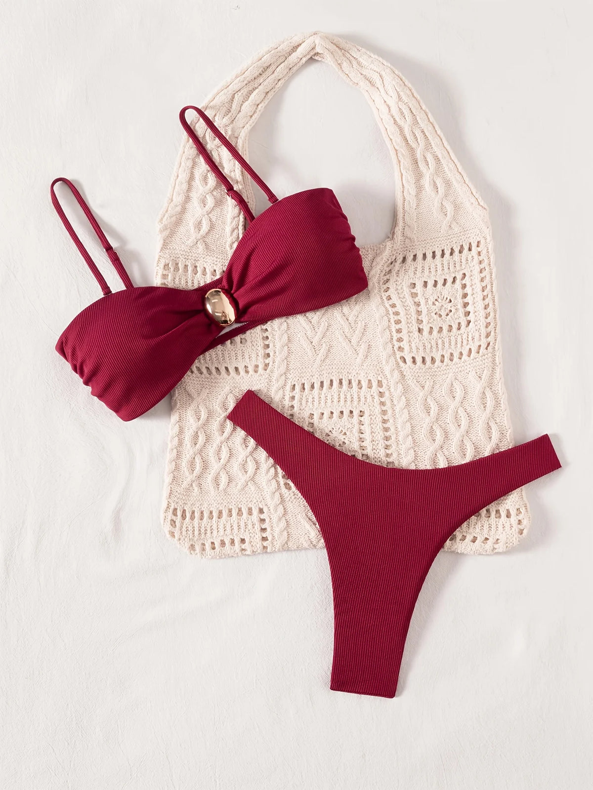 ZTVitality Wine Red Ribbed Bandeau Bikini Set Metal Buckle High Cut Thong Swimsuit Women's 2026 New Beach Bathing Suit Biquini