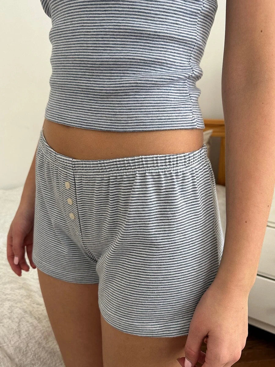 2 Piece Sets Women's Loungewear Striped Lace Trim Sleeveless Tank Tops and Shorts Sets Ladies Summer Pajama Sleepwear