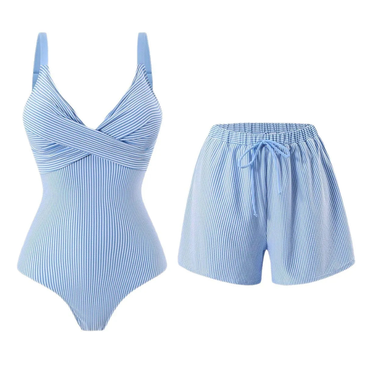 Vintage Blue Striped Swimwear Women Drawstring Shorts Sets 2026 V Neck Cross Slimming Bathing Suit Holiday One Piece Swimsuit