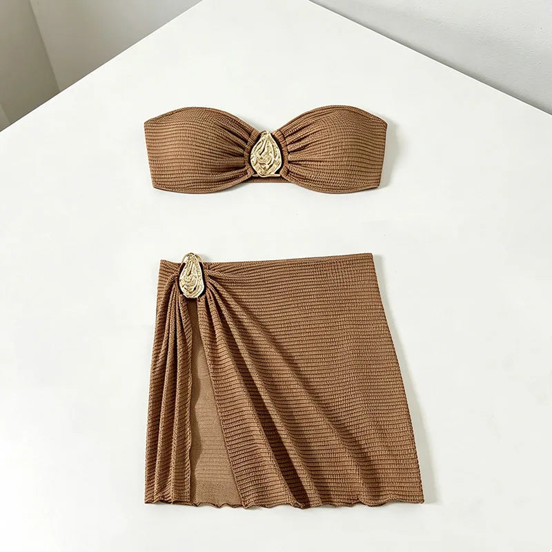 2026 Sexy Bikini Women Coffee Metal Water Droplet Ornament Push Up Mesh Skirt 3 Piece Swimsuit Beach Bathing Suit Swimwear