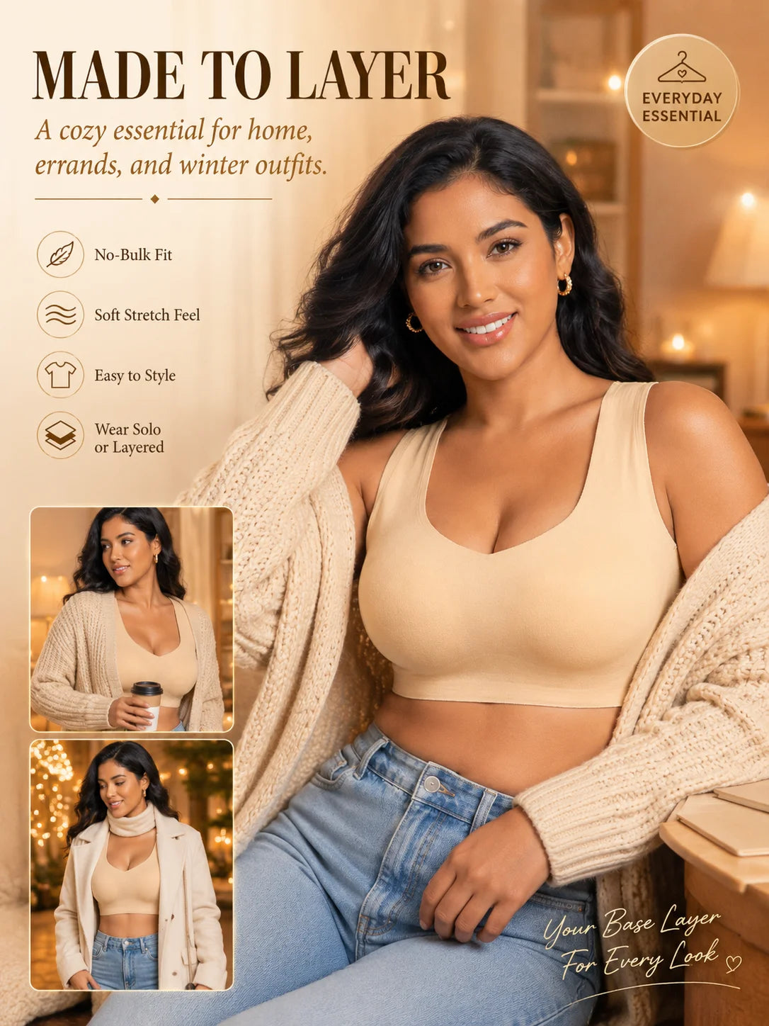 Women's 1 Pack Seamless Thermal Bra Tank Top Fleece-Lined Wireless Removable Pads Comfortable Daily Lingerie forFallWinterWarmth