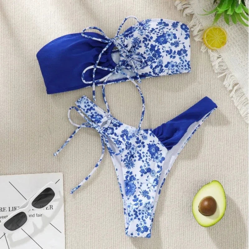 New Sexy Floral Print Bandeau Bikini 2024 Women Swimwear Female Swimsuit Two Pieces Thong Bikini Set Bather Tie Bathing Suit