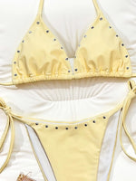 Sexy Triangle Micro Bikini 2026 Women Yellow Halter Metal Button Push Up Bra Two Piece Swimwear Bathing Suit Holiday Swimsuit