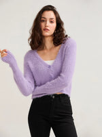 Fall Winter Women Button Down Cropped Knit Cardigan Solid Color Knitwear Fuzzy Long Sleeve V-Neck Loose Sweater