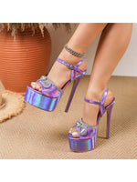Elegant Purple Bow Design 16cm Sexy Model Ultra-high Heels Fashion Open Toe Sandals Women's Gladiator Night Club Dance Shoes 42