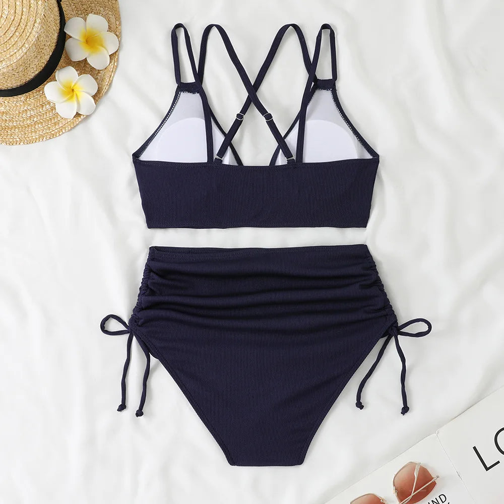 Women's Two Piece Swimsuit Black Double Strap Push Up Pleate Drawstring Side High Waist Bikini 2025 Beach Bathing Suit Swimwear