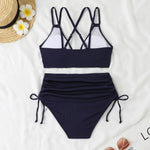 Women's Two Piece Swimsuit Black Double Strap Push Up Pleate Drawstring Side High Waist Bikini 2025 Beach Bathing Suit Swimwear