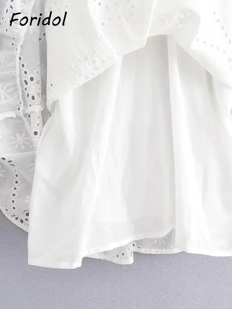 Foridol Waist Hollow Out V Neck Backless White Lace Party Dress Christmas Vestido Robe Ruffled Cotton Long Sleeve Autumn Dress