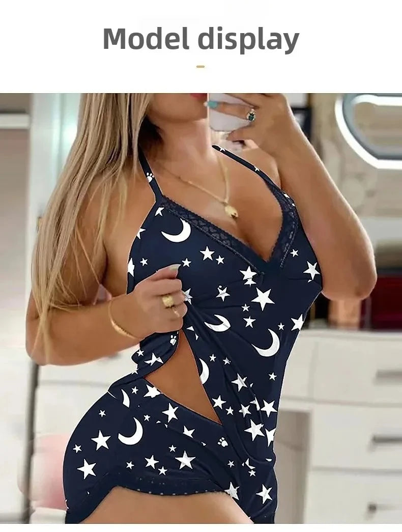Sexy Lace TrimNightgown Set Large Size Home Wear Strap Sleepwear Two Piece Set Hot Sale