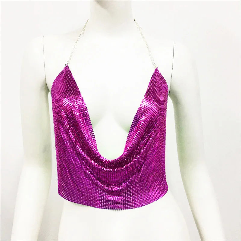 DEKA Bling Bikini Tops Deep V Neck Vest Backless Sequins Women Crop Top Night Club Diamonds Metal Tank Adjustable Halter Shiny