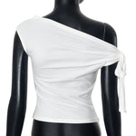 2025 Women'S Summer Ins Style New Shrink Pleated One-Shoulder Crop Top Backless Twist Tie Asymmetric T-Shirt Casual Top