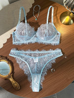 Ladies' Basic Style Thin Lace Bra And Panty Set Seamless Single Layer Eyelet Underwear Comfortable Intimate Apparel