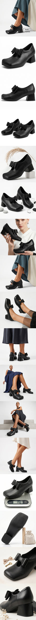 Plus Size 52 Soft Faux Leather Mary Jane Heels Pumps Big Bow Square Toe 5cm Chunky Block Heel Vintage Office Dress Shoes Women