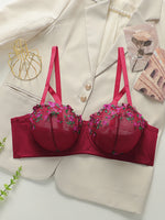 Women Plus Size Blue Floral Embroidered Lingerie Set Lace Trim Push Up Bra Stretchy Comfort Intimates For Curvy sexy Ladies 3562