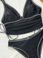 Sexy Balck Contrast Bikini Set 2026 Women V Neck Drawstring Side Top High Waist Swimsuit Summer Bathing Suit Two Piece Swimwear