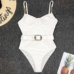 Ribbed Push up Underwired Metal Chain Women Swimwear One Piece Swimsuit Female Waist Belt Monokini Bather Bathing Suit Swim Lady