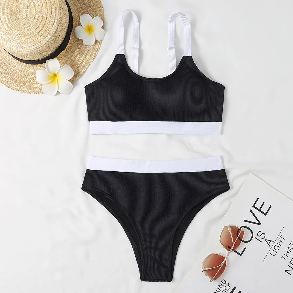 Orange High Waist Bikini 2022 Swimsuits Push Up Swimwear Women Splicing Biquini Beachwear Sexy Ribbed Bathing Suits Female New