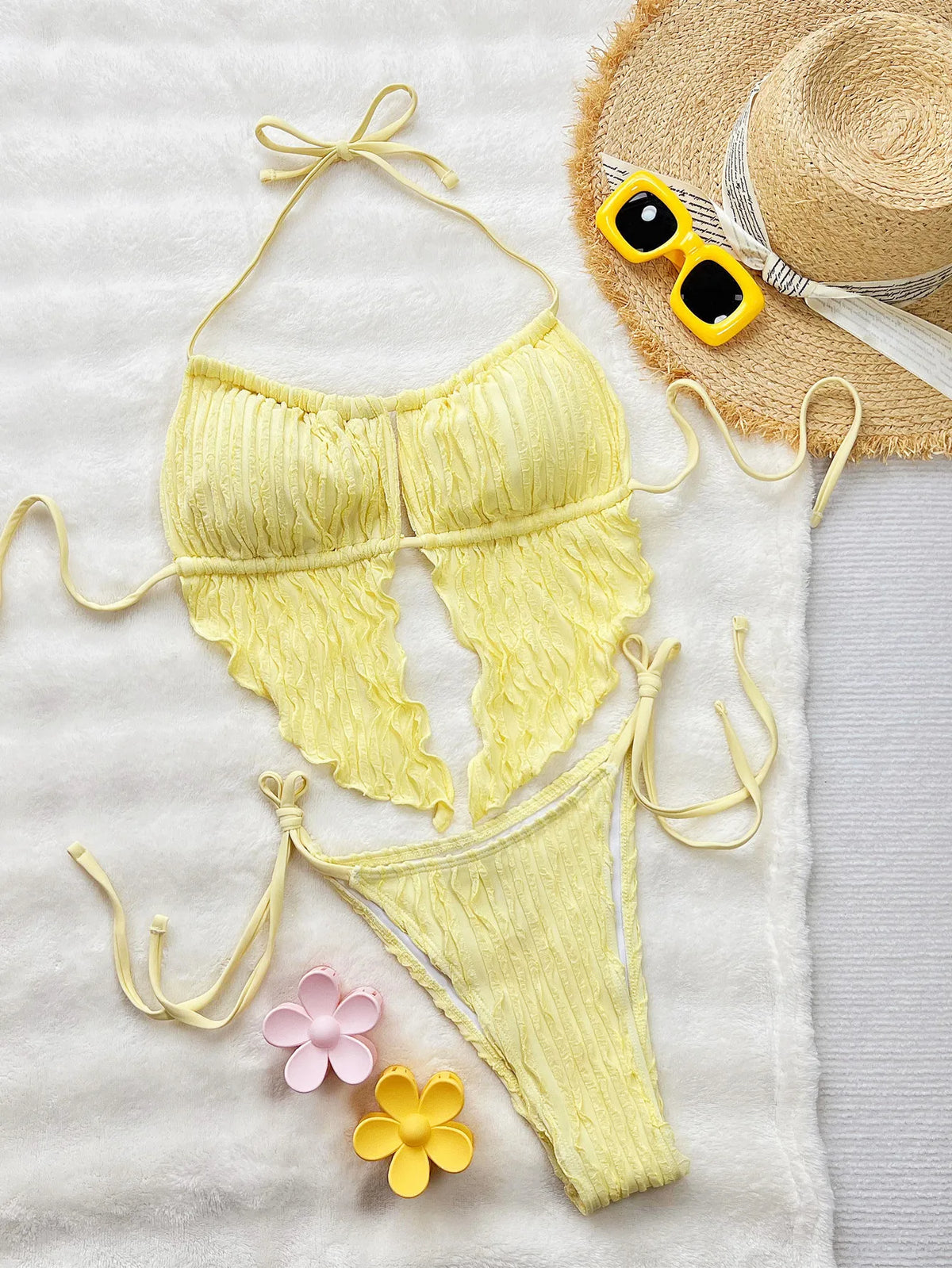 New Design Beach Holiday Wear Bikini Set Women's Swimwear Frill Trim Sexy Backless Swimsuit Neck Lace-up Bathing Suit Biquini