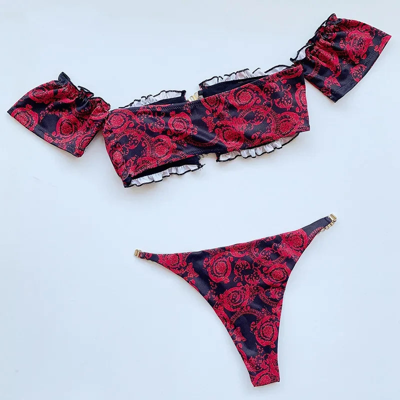 Sexy Ruffled Frill Off Shoulder Bikini Women Swimwear Female Swimsuit Two-pieces Bikini Set Ribbed Bathing Suit Swim Beach Wear