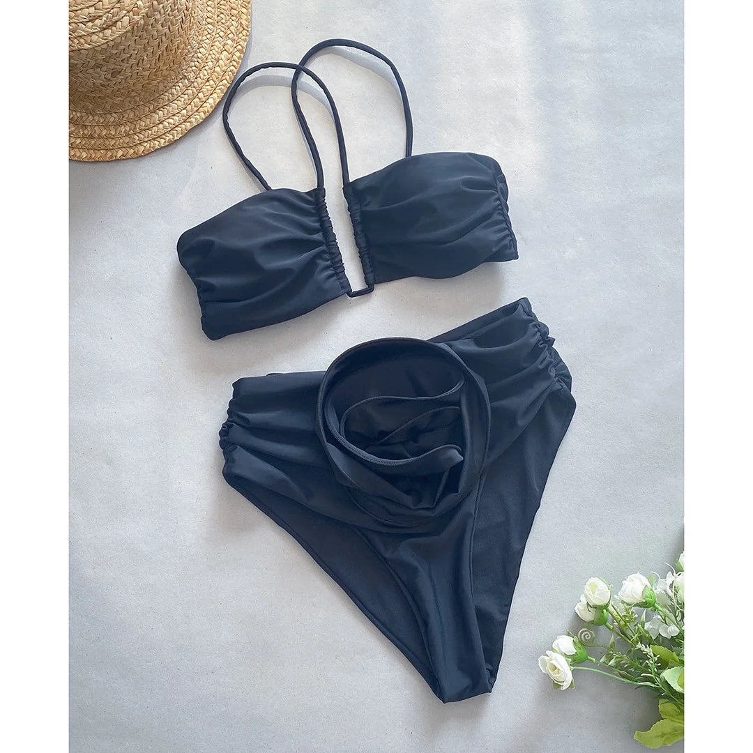 Sexy 3D Flower Wrinkled Female Swimsuit High Waist Bikini Women Swimwear Two-pieces Bikini set Bather Bathing Suit Swim Y4939
