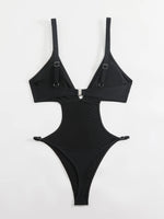 Sexy Hollow Out Backless Thong Bikini 2026 Women Black Coffee Golden Bead One Piece Swimsuit Beach Bathing Suit Holiday Swimwear