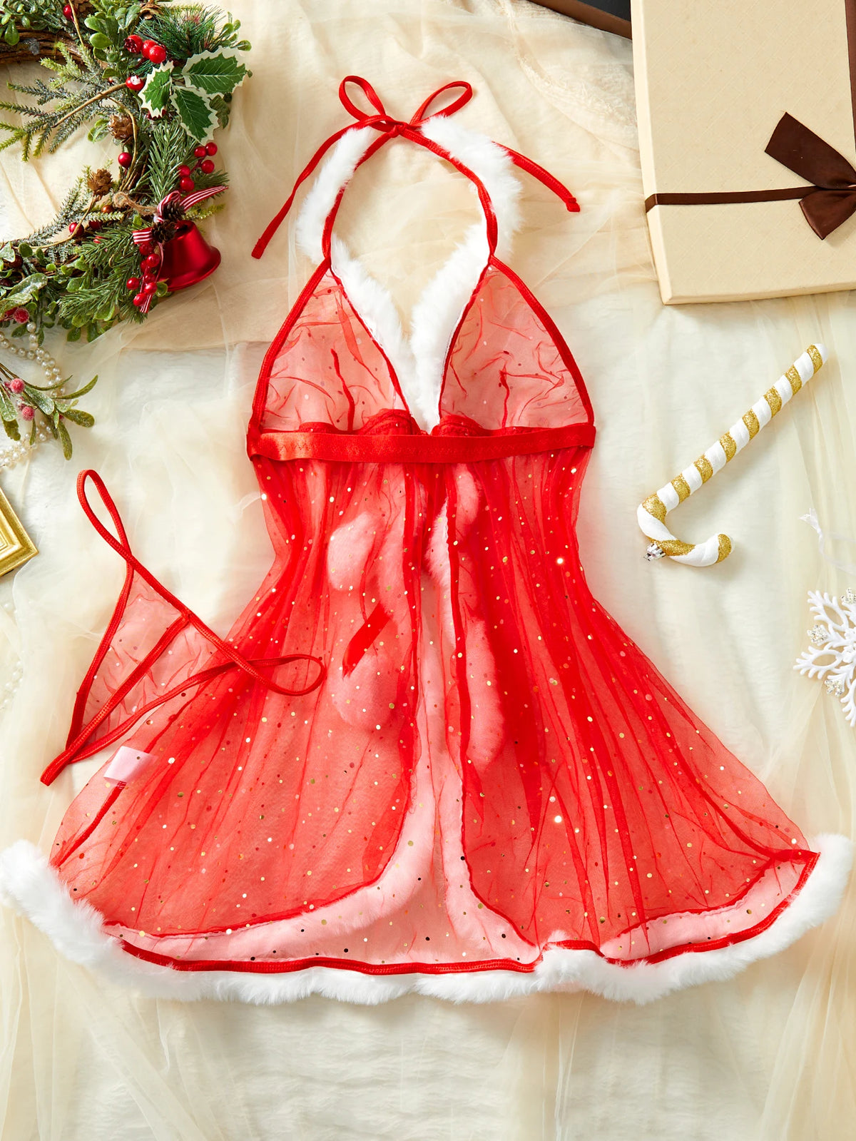 Red Sexy Sleepwear Cloak-style Nightgown And Thong Set With Plush Edge Cute Transparent Christmas Valentine's Day Gift Hatler