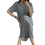 Summer Women Dress Small Flower Print Crew Neck Loose Short Sleeves Pleated Dating Shopping Midi Dress Mid-calf Length Pullover