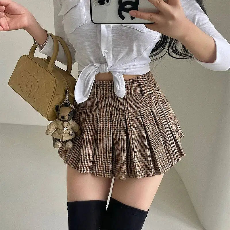French Retro School Sweet Girl Costume Belt Casual Checkered Pleated Skirt Short Fashion Skirt Korean Style Trendy Clothes S5CV