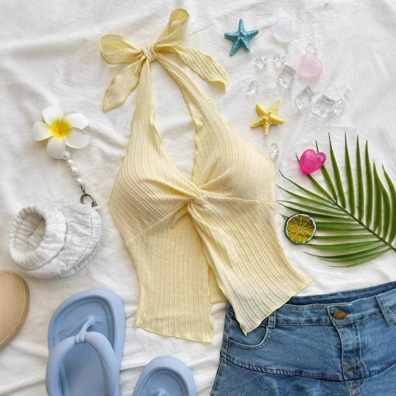Sweet Bow-Tie Neckline Halter Topfor Women Hot Girl Solid-Color Cropped Knit Tank Top Summer Beach Outfit Female Clothes