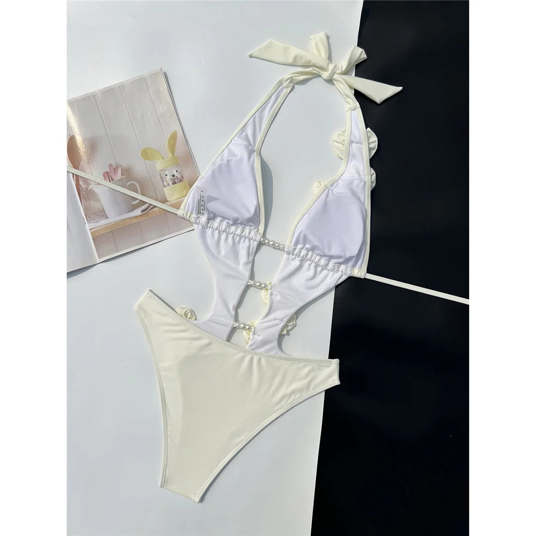 Pink Red Bather Bathing Suit Swim 3D Flower Deep V Neck One Piece Swimsuit Women Swimwear Female High Cut Leg Monokini V6986P