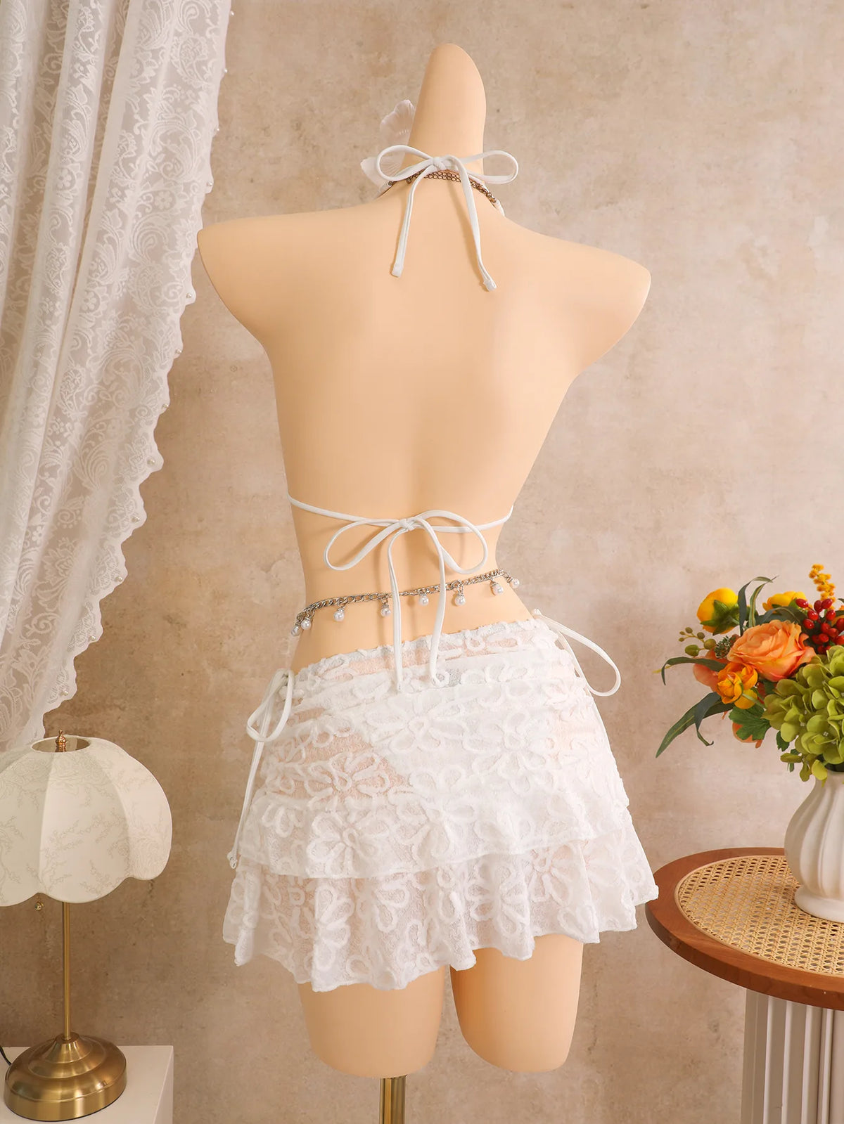 Vintage White Floral Embroidery Bikini Set 2026 Women 3D Flower Push Up Bra Pleate Skirt 3 Piece Swimsuit Bathing Suit Swimwear